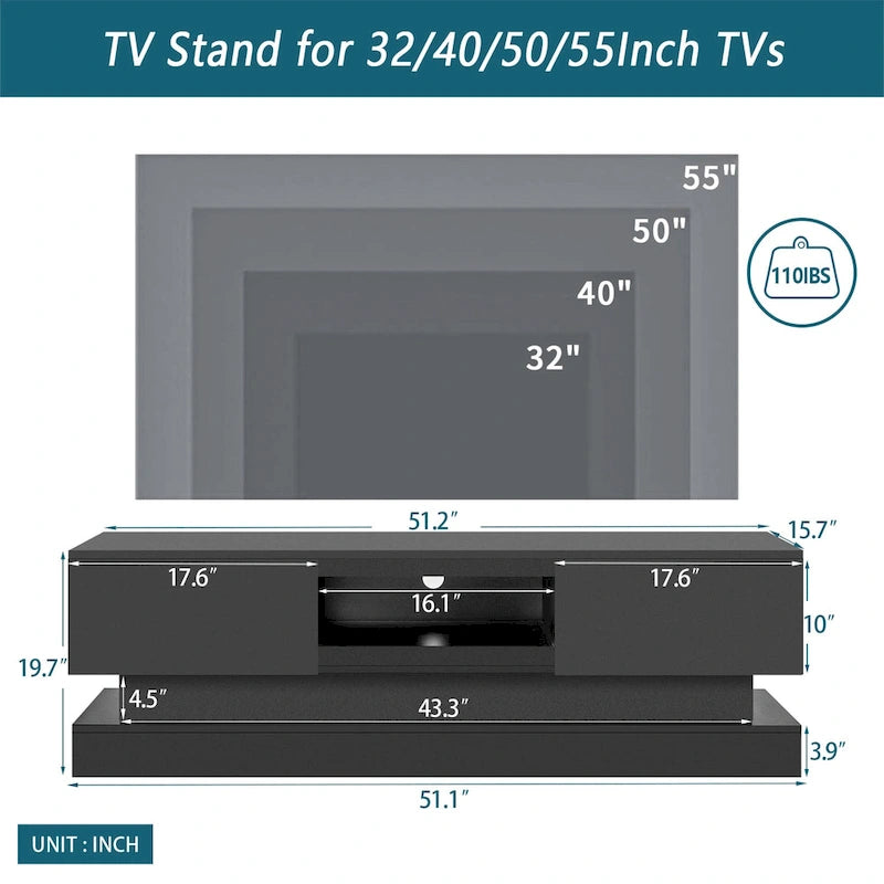Meuble TV laqué 16 lumières LED RGB 2 tiroirs Étagère ouverte Pour téléviseur jusqu'à 65 pouces