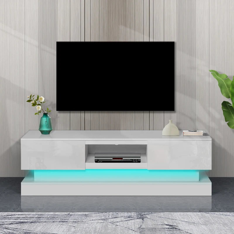 Meuble TV laqué 16 lumières LED RGB 2 tiroirs Étagère ouverte Pour téléviseur jusqu'à 65 pouces