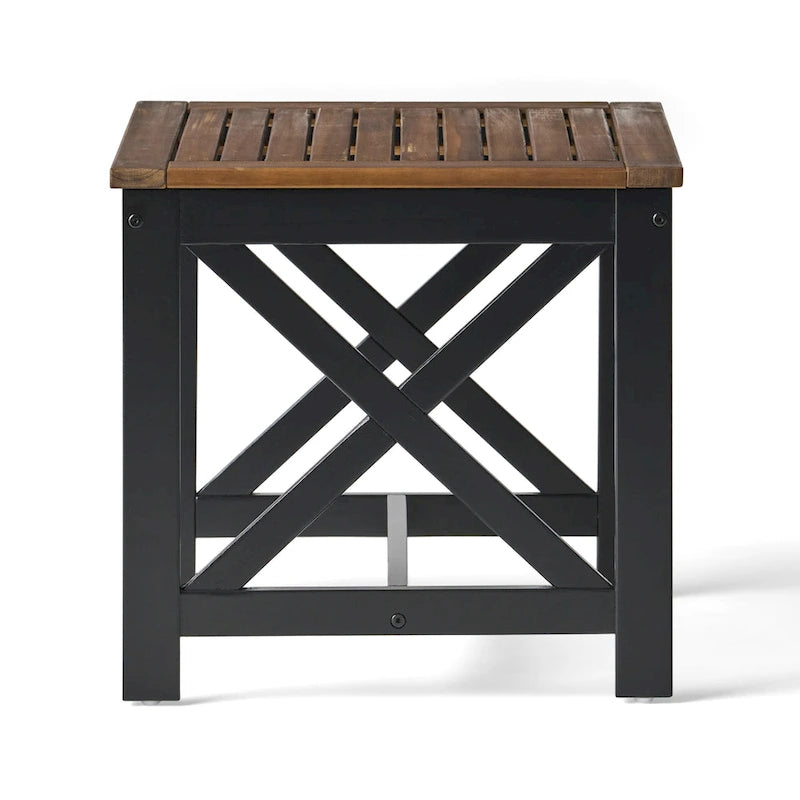 Bout de canapé carré en bois d'acacia de style « ferme » à cadre en X et finition bicolore