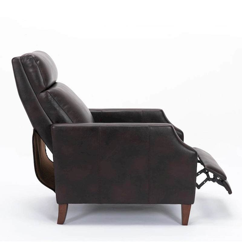 Fauteuil inclinable mi-siècle en similicuir à dossier poussoir avec pieds fuselés en bois