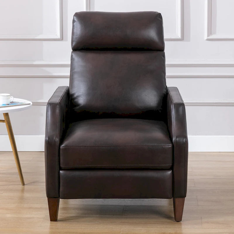 Fauteuil inclinable mi-siècle en similicuir à dossier poussoir avec pieds fuselés en bois