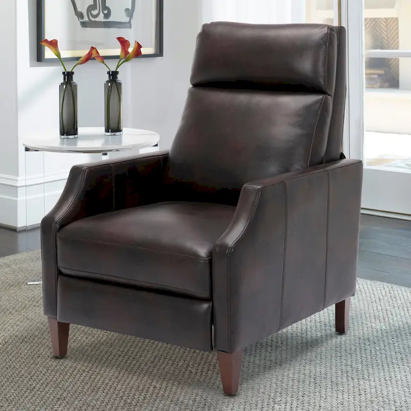 Fauteuil inclinable mi-siècle en similicuir à dossier poussoir avec pieds fuselés en bois