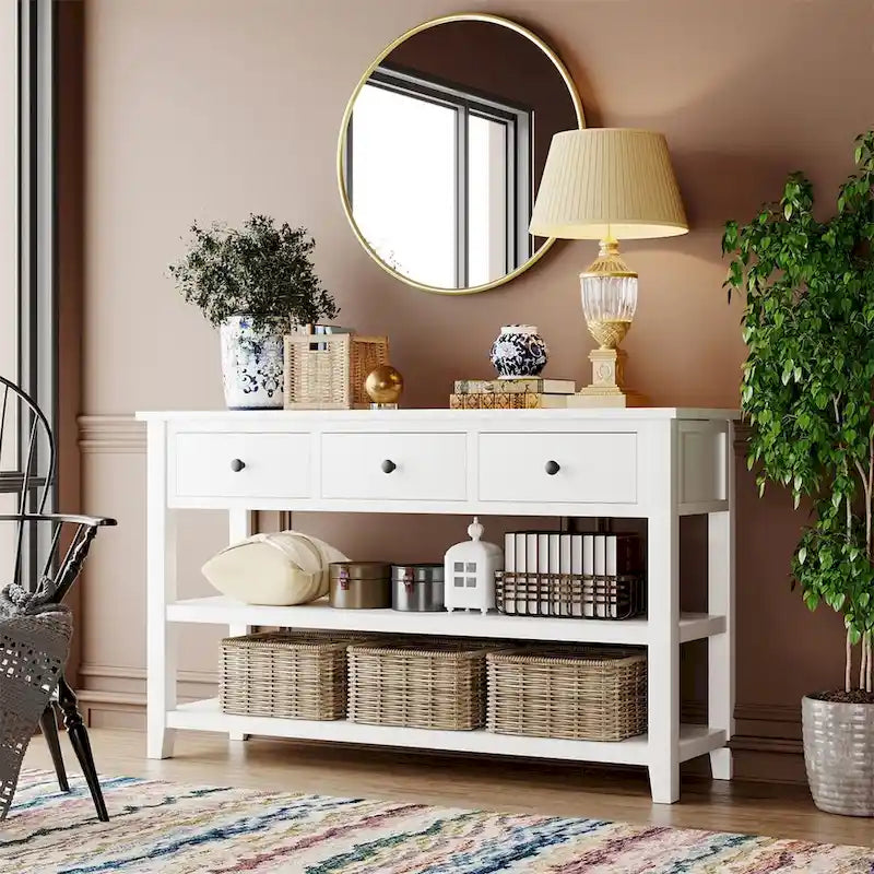 Console Rétro 3 Tiroirs 2 Étagères Pin MDF Blanc Ancien