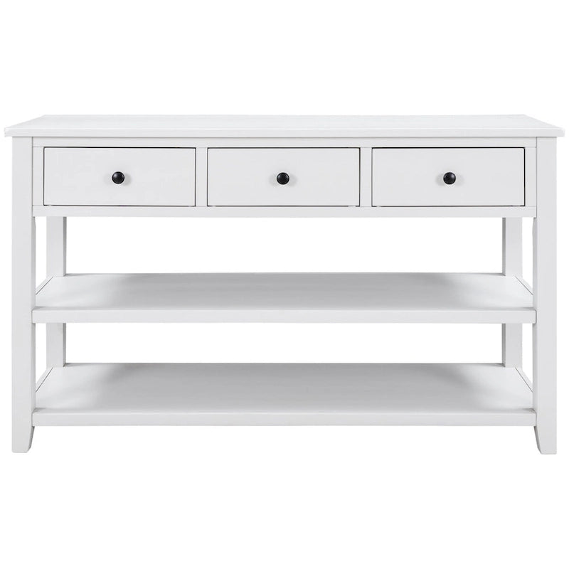 Console Rétro 3 Tiroirs 2 Étagères Pin MDF Blanc Ancien
