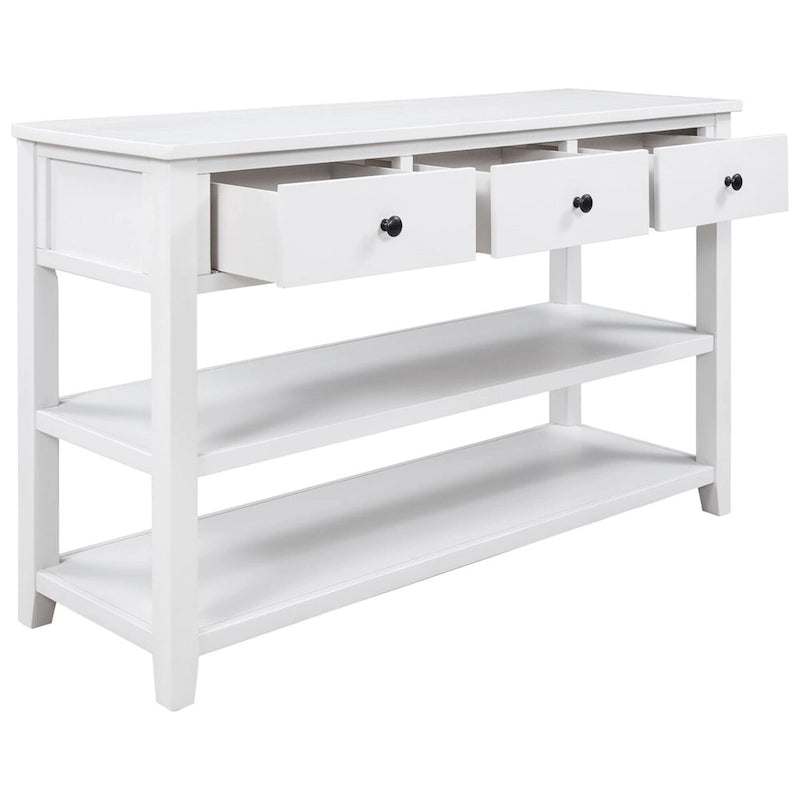 Console Rétro 3 Tiroirs 2 Étagères Pin MDF Blanc Ancien
