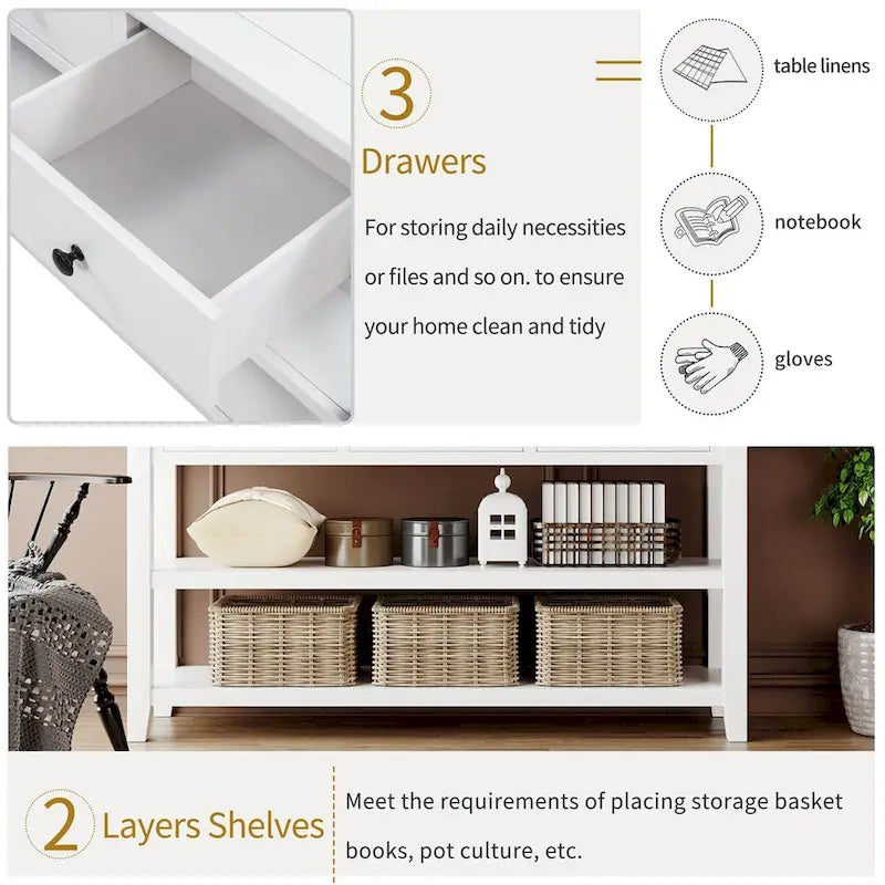 Console Rétro 3 Tiroirs 2 Étagères Pin MDF Blanc Ancien