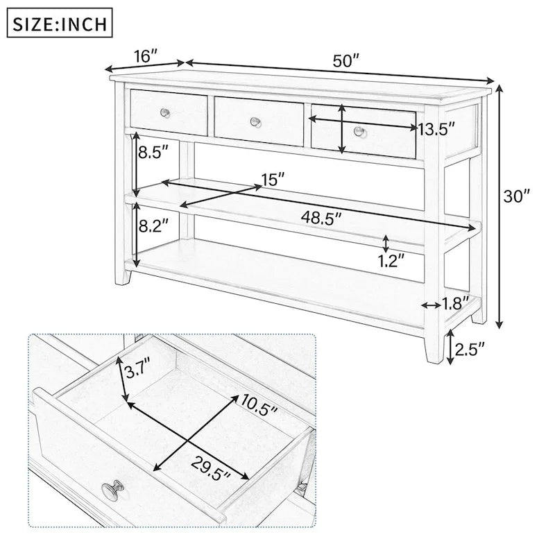 Console Rétro 3 Tiroirs 2 Étagères Pin MDF Blanc Ancien