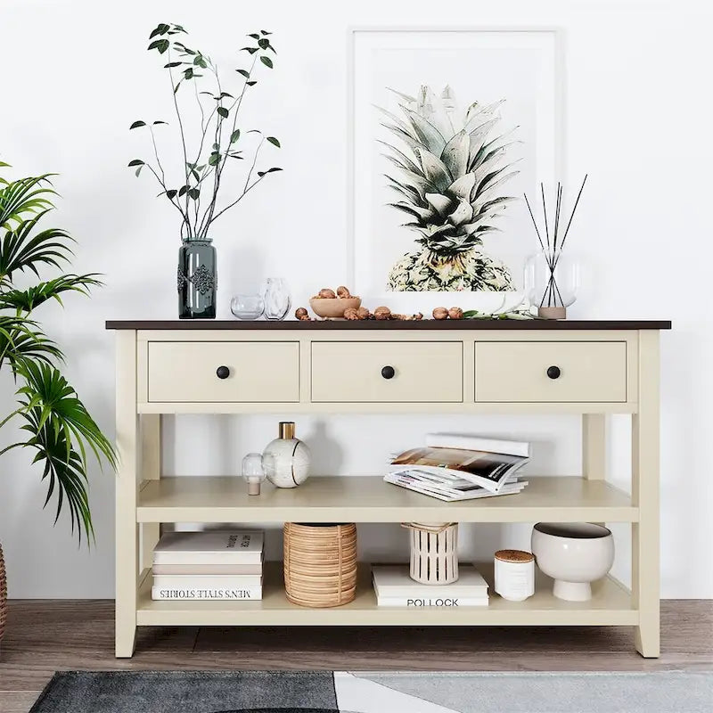 Console Rétro 3 Tiroirs 2 Étagères Pin MDF Blanc Ancien