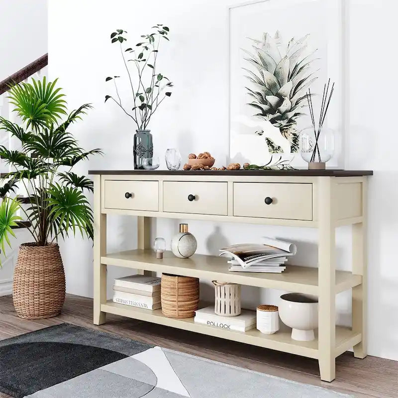 Console Rétro 3 Tiroirs 2 Étagères Pin MDF Blanc Ancien