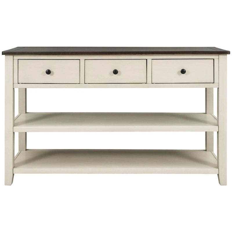 Console Rétro 3 Tiroirs 2 Étagères Pin MDF Blanc Ancien
