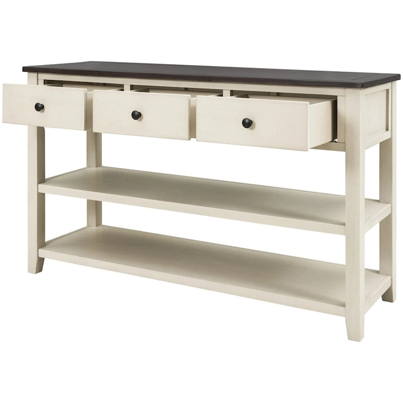 Console Rétro 3 Tiroirs 2 Étagères Pin MDF Blanc Ancien