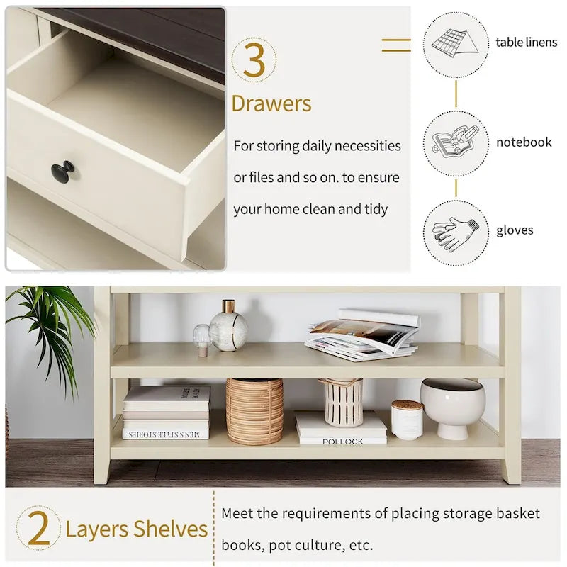 Console Rétro 3 Tiroirs 2 Étagères Pin MDF Blanc Ancien