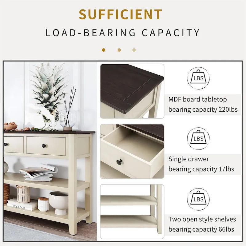 Console Rétro 3 Tiroirs 2 Étagères Pin MDF Blanc Ancien