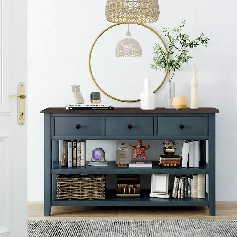 Console Rétro 3 Tiroirs 2 Étagères Pin MDF Blanc Ancien