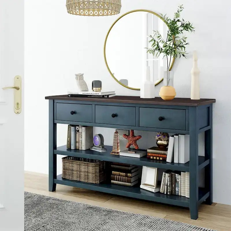 Console Rétro 3 Tiroirs 2 Étagères Pin MDF Blanc Ancien