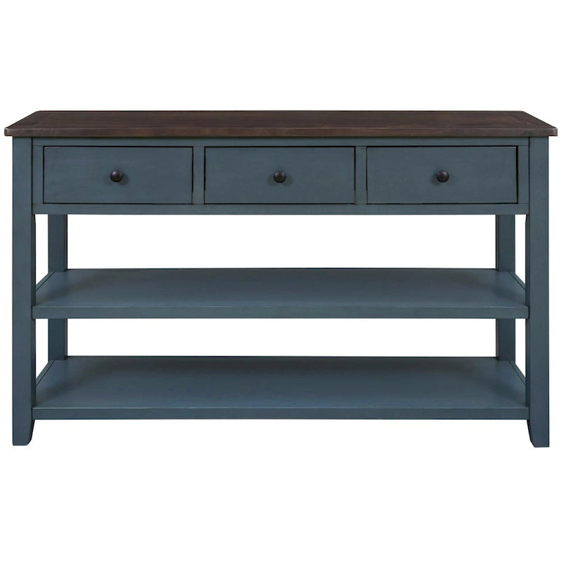 Console Rétro 3 Tiroirs 2 Étagères Pin MDF Blanc Ancien