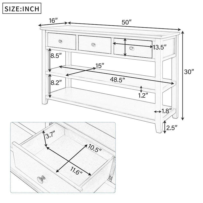 Console Rétro 3 Tiroirs 2 Étagères Pin MDF Blanc Ancien