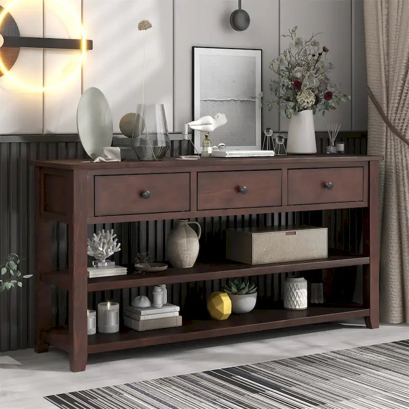 Console Rétro 3 Tiroirs 2 Étagères Pin MDF Blanc Ancien