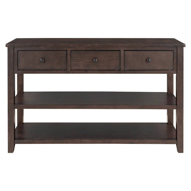 Console Rétro 3 Tiroirs 2 Étagères Pin MDF Blanc Ancien