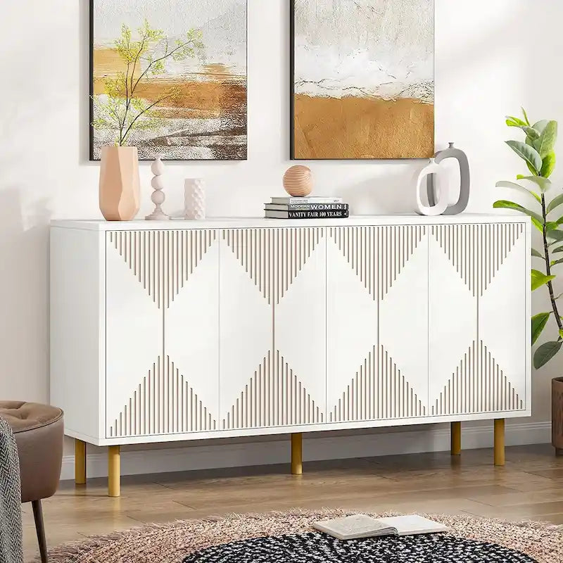 Meuble de Rangement Buffet 55 Pouces 4 Portes Motifs Losanges Pieds Dorés