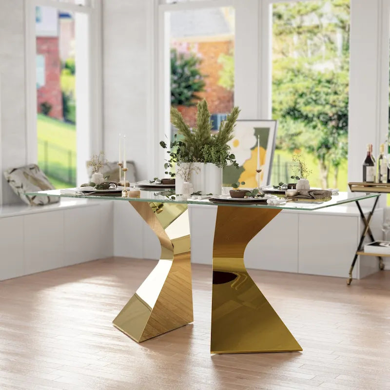 Table à manger rectangulaire en verre trempé de 63 po, piètement sculptural en métal torsadé, 6 places