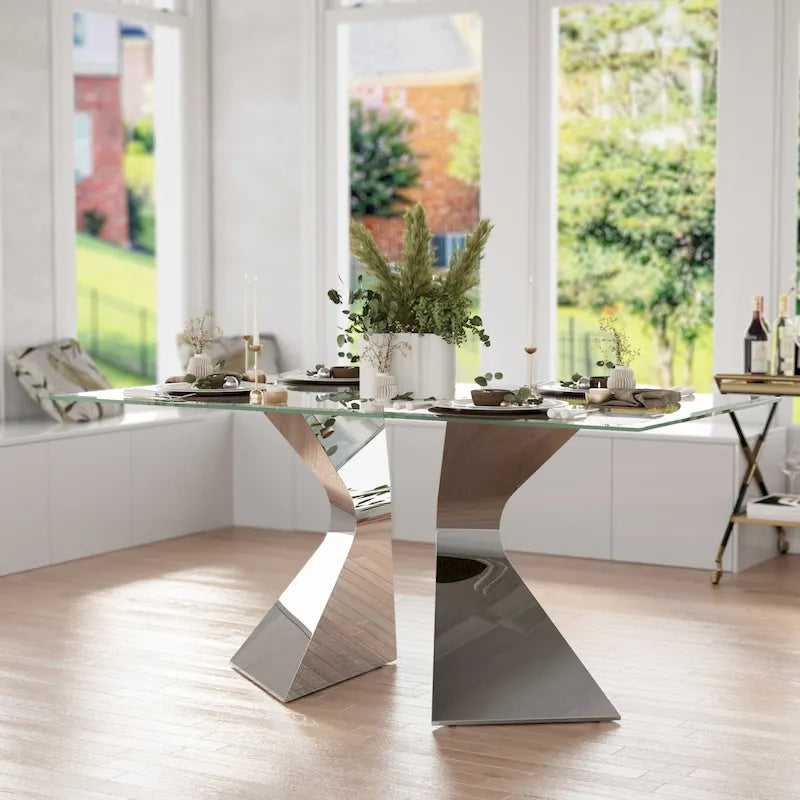 Table à manger rectangulaire en verre trempé de 63 po, piètement sculptural en métal torsadé, 6 places