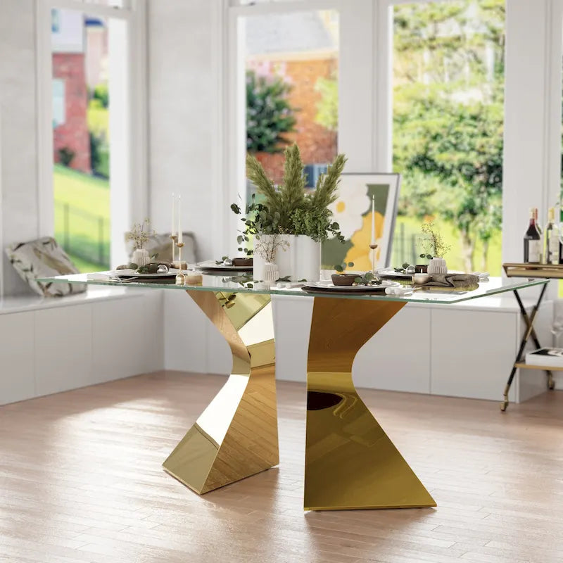 Table à manger rectangulaire en verre trempé de 63 po, piètement sculptural en métal torsadé, 6 places