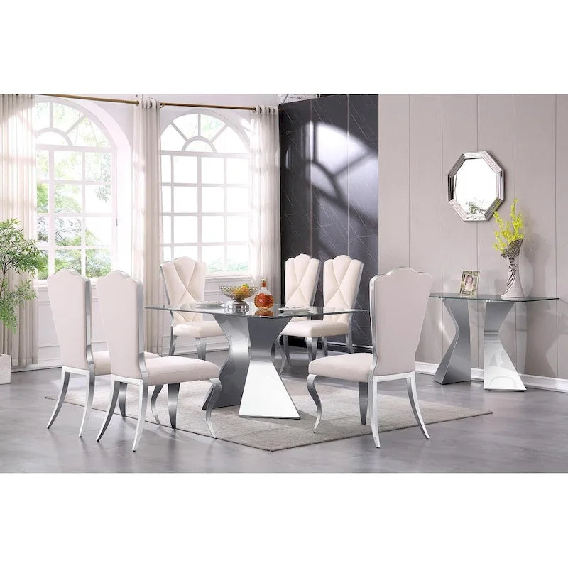 Table à manger rectangulaire en verre trempé de 63 po, piètement sculptural en métal torsadé, 6 places
