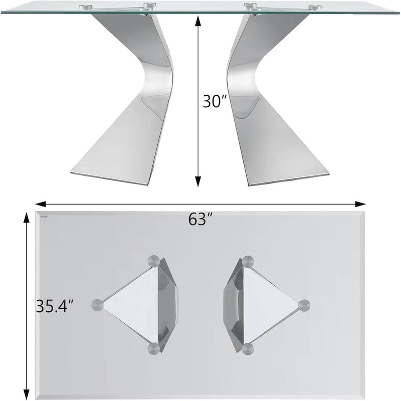 Table à manger rectangulaire en verre trempé de 63 po, piètement sculptural en métal torsadé, 6 places