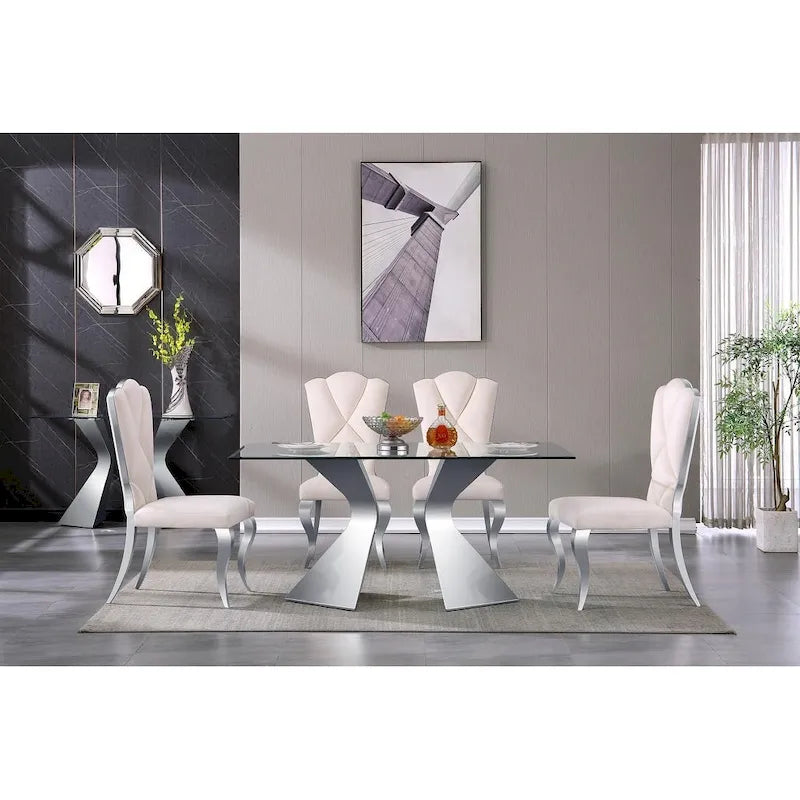 Table à manger rectangulaire en verre trempé de 63 po, piètement sculptural en métal torsadé, 6 places