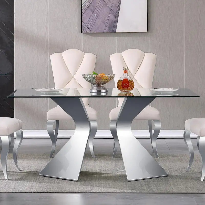 Table à manger rectangulaire en verre trempé de 63 po, piètement sculptural en métal torsadé, 6 places