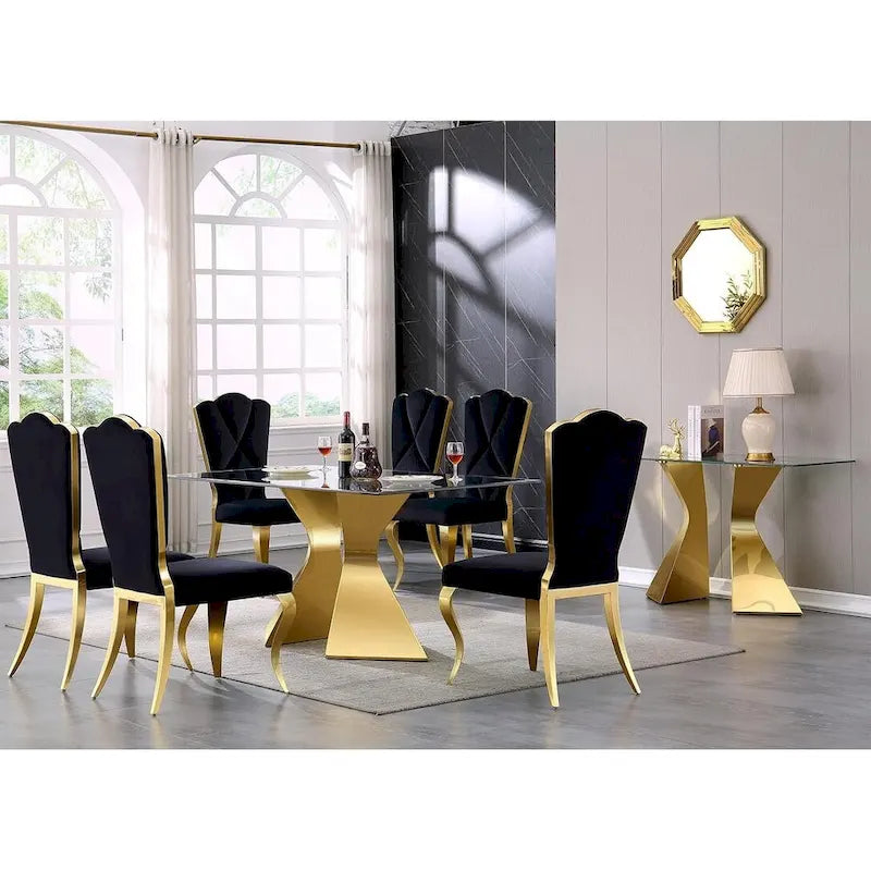 Table à manger rectangulaire en verre trempé de 63 po, piètement sculptural en métal torsadé, 6 places