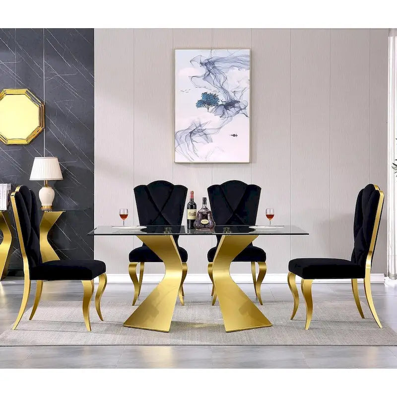 Table à manger rectangulaire en verre trempé de 63 po, piètement sculptural en métal torsadé, 6 places