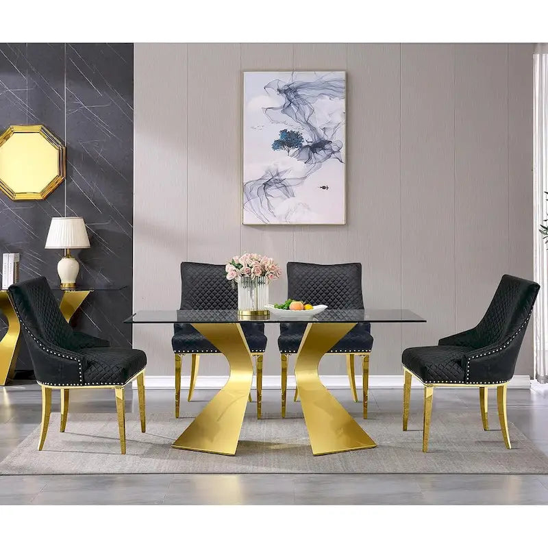 Table à manger rectangulaire en verre trempé de 63 po, piètement sculptural en métal torsadé, 6 places