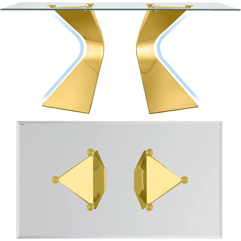 Table à manger rectangulaire en verre trempé de 63 po, piètement sculptural en métal torsadé, 6 places