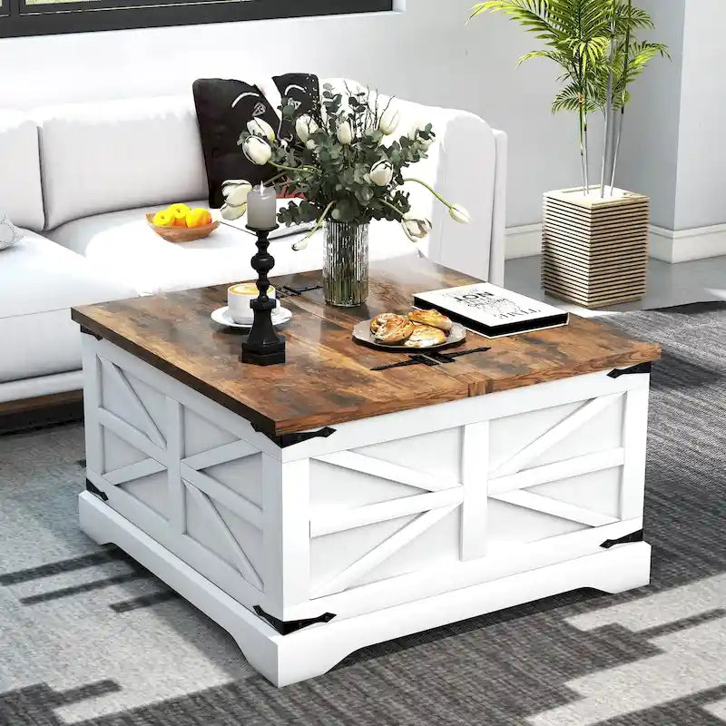 Table basse de ferme carrée avec plateau relevable, rangement caché et panneaux en X, blanc et marron