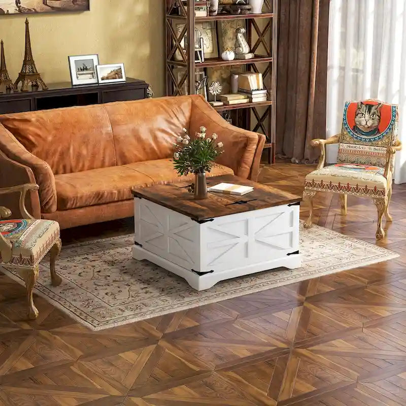 Table basse de ferme carrée avec plateau relevable, rangement caché et panneaux en X, blanc et marron