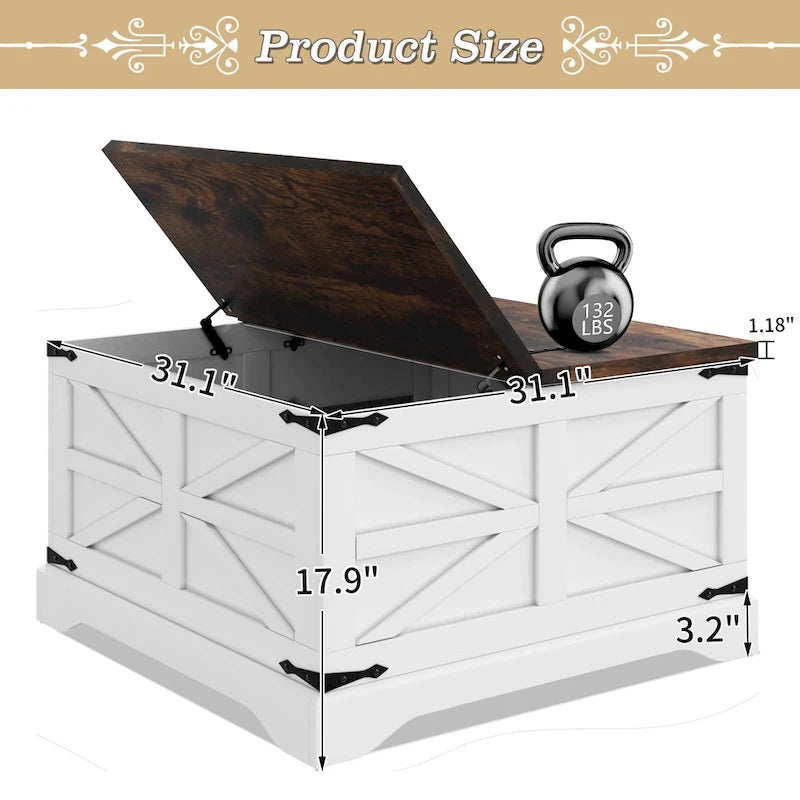 Table basse de ferme carrée avec plateau relevable, rangement caché et panneaux en X, blanc et marron