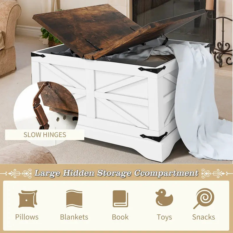 Table basse de ferme carrée avec plateau relevable, rangement caché et panneaux en X, blanc et marron