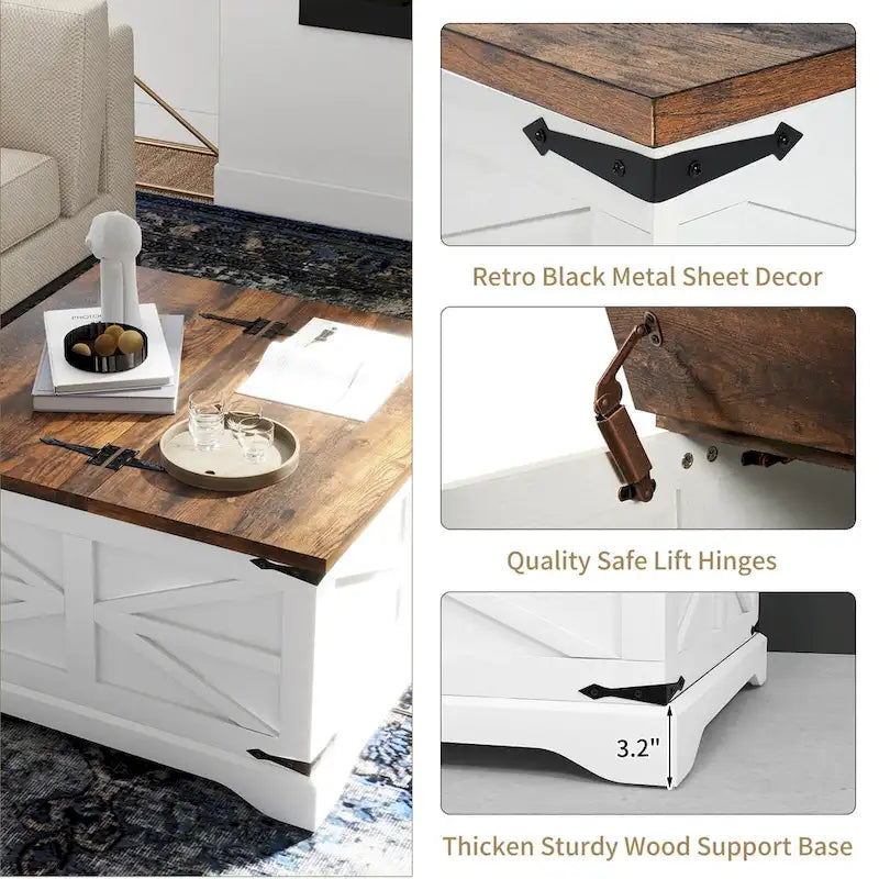 Table basse de ferme carrée avec plateau relevable, rangement caché et panneaux en X, blanc et marron