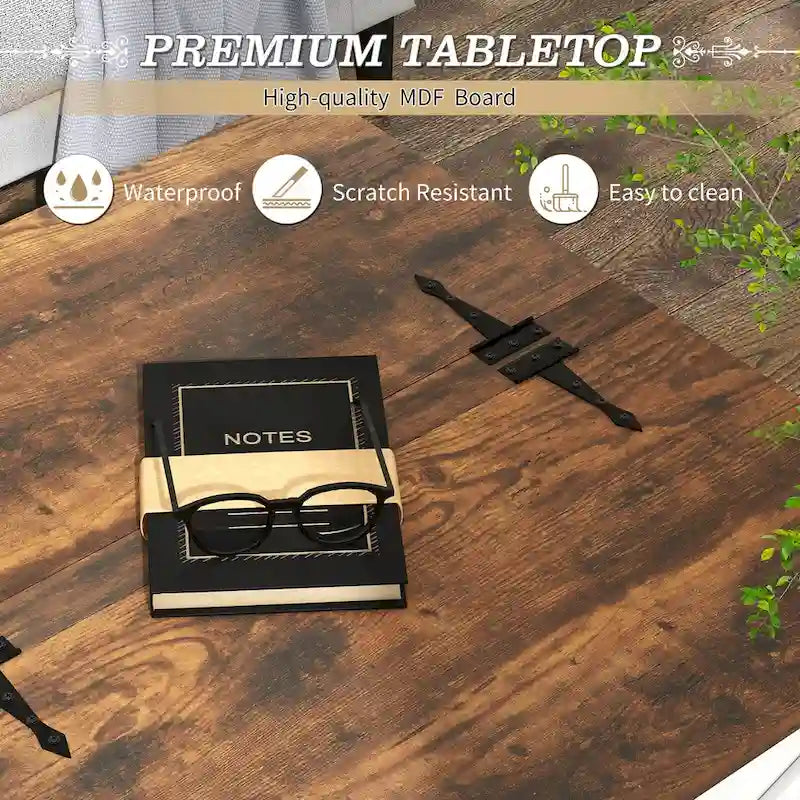 Table basse de ferme carrée avec plateau relevable, rangement caché et panneaux en X, blanc et marron