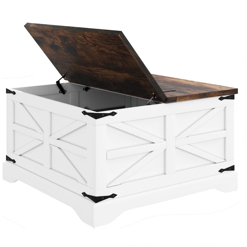 Table basse de ferme carrée avec plateau relevable, rangement caché et panneaux en X, blanc et marron