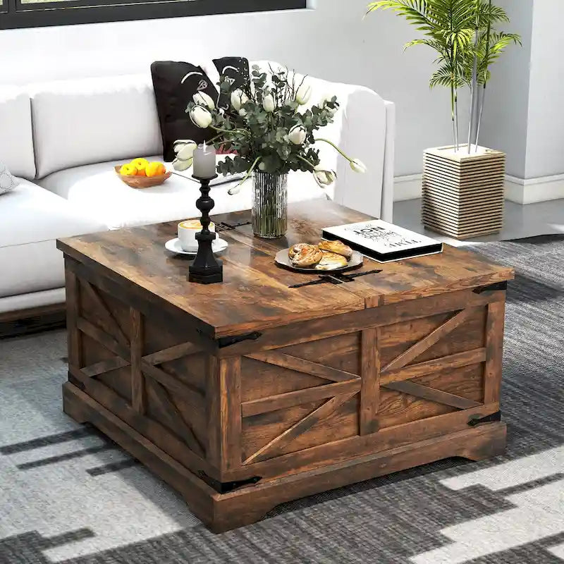 Table basse de ferme carrée avec plateau relevable, rangement caché et panneaux en X, blanc et marron