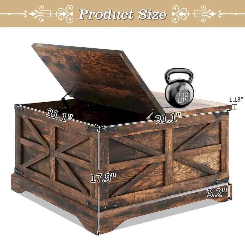 Table basse de ferme carrée avec plateau relevable, rangement caché et panneaux en X, blanc et marron