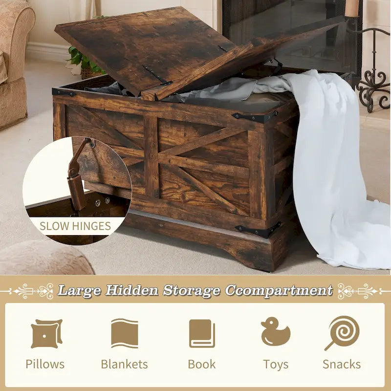 Table basse de ferme carrée avec plateau relevable, rangement caché et panneaux en X, blanc et marron