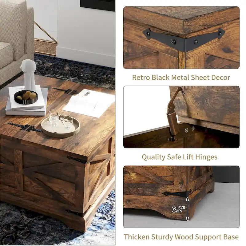 Table basse de ferme carrée avec plateau relevable, rangement caché et panneaux en X, blanc et marron