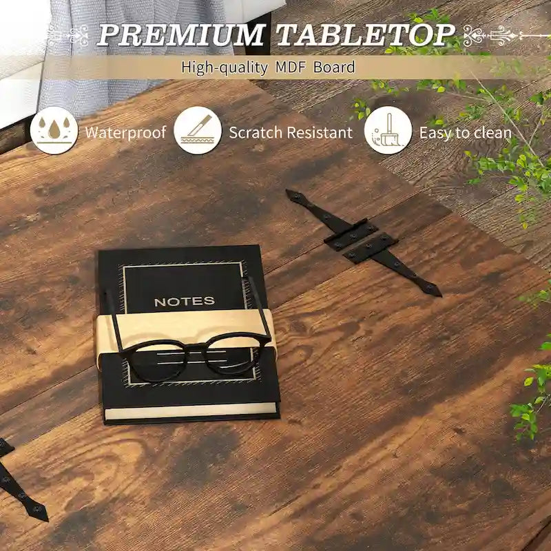 Table basse de ferme carrée avec plateau relevable, rangement caché et panneaux en X, blanc et marron