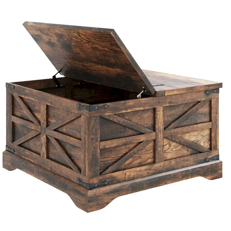 Table basse de ferme carrée avec plateau relevable, rangement caché et panneaux en X, blanc et marron