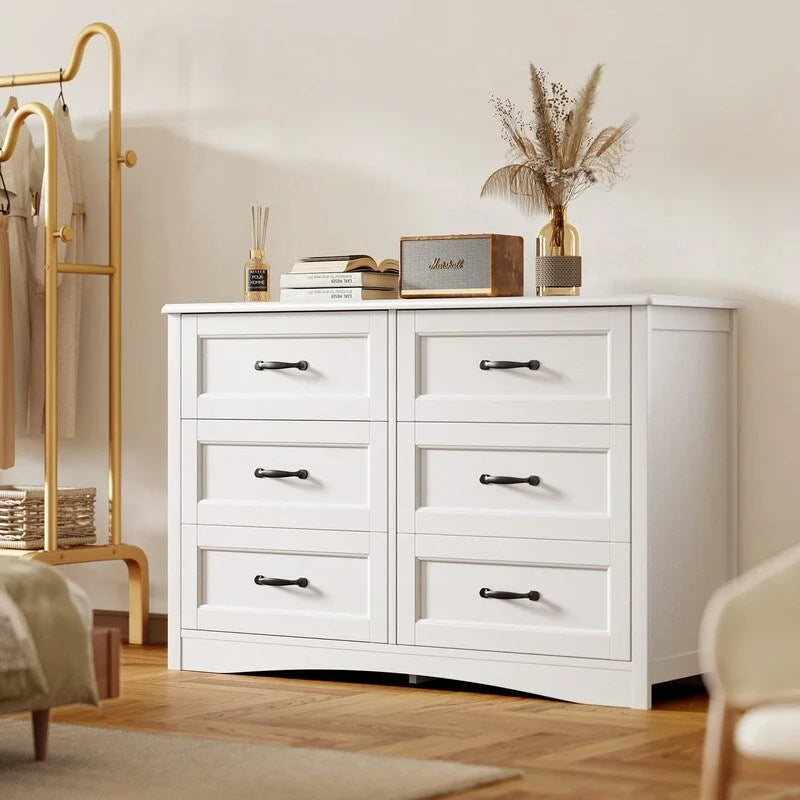 Commode double à 6 tiroirs en MDF blanc, organisateur de rangement, poignées noires