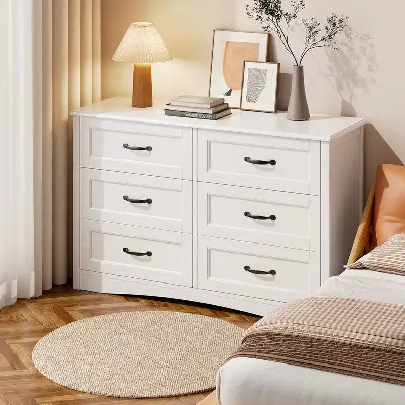 Commode double à 6 tiroirs en MDF blanc, organisateur de rangement, poignées noires